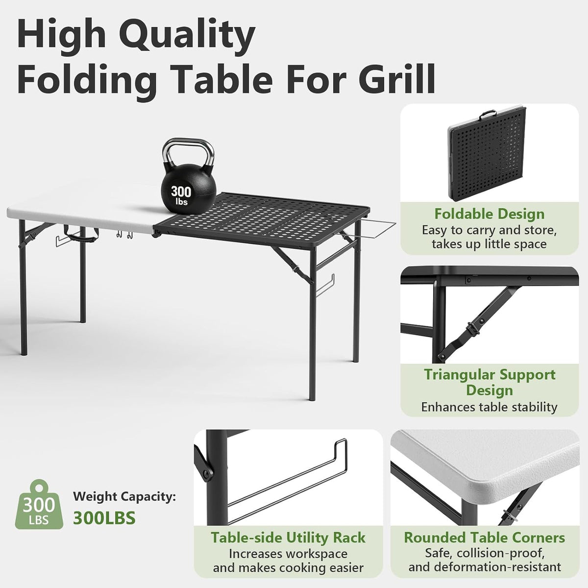 Folding Table, 5ft Folding Grill Table, Portable Camping Table for Cooking & BBQ Grill, 2-in-1 Metal&Solid Surface Grill Table Foldable for Party Cooking, Backyard, Patio Use,(Black and White)
