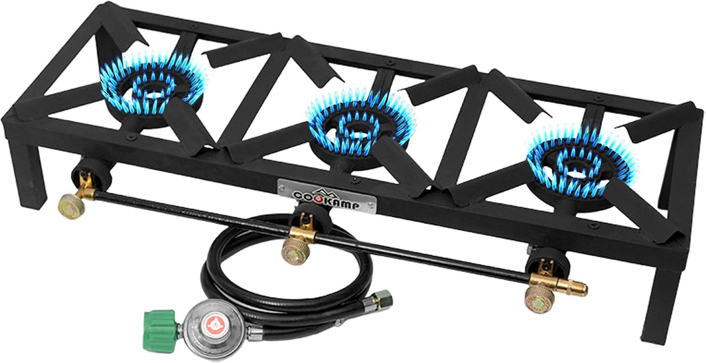 COOKAMP Propane Triple Burner Angle Iron Camp Stove with CSA Listed Regulator and 4ft Hose (SA3200)