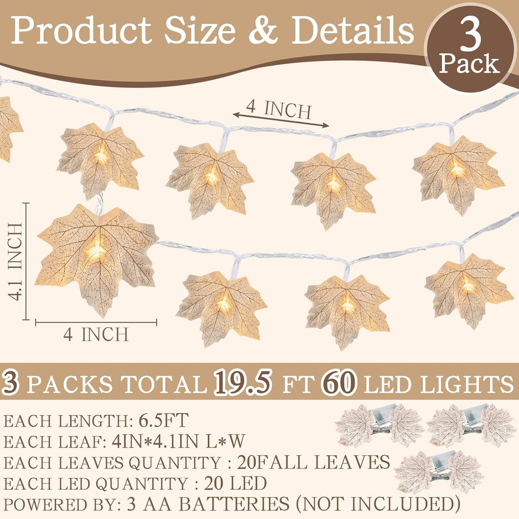 3 Pack Fall Garland with Lights, Total 19.5Ft 60LED Autumn String Lights