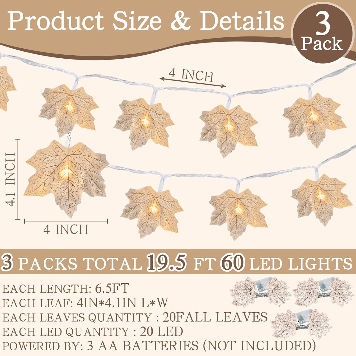 3 Pack Fall Garland with Lights, Total 19.5Ft 60LED Autumn String Lights