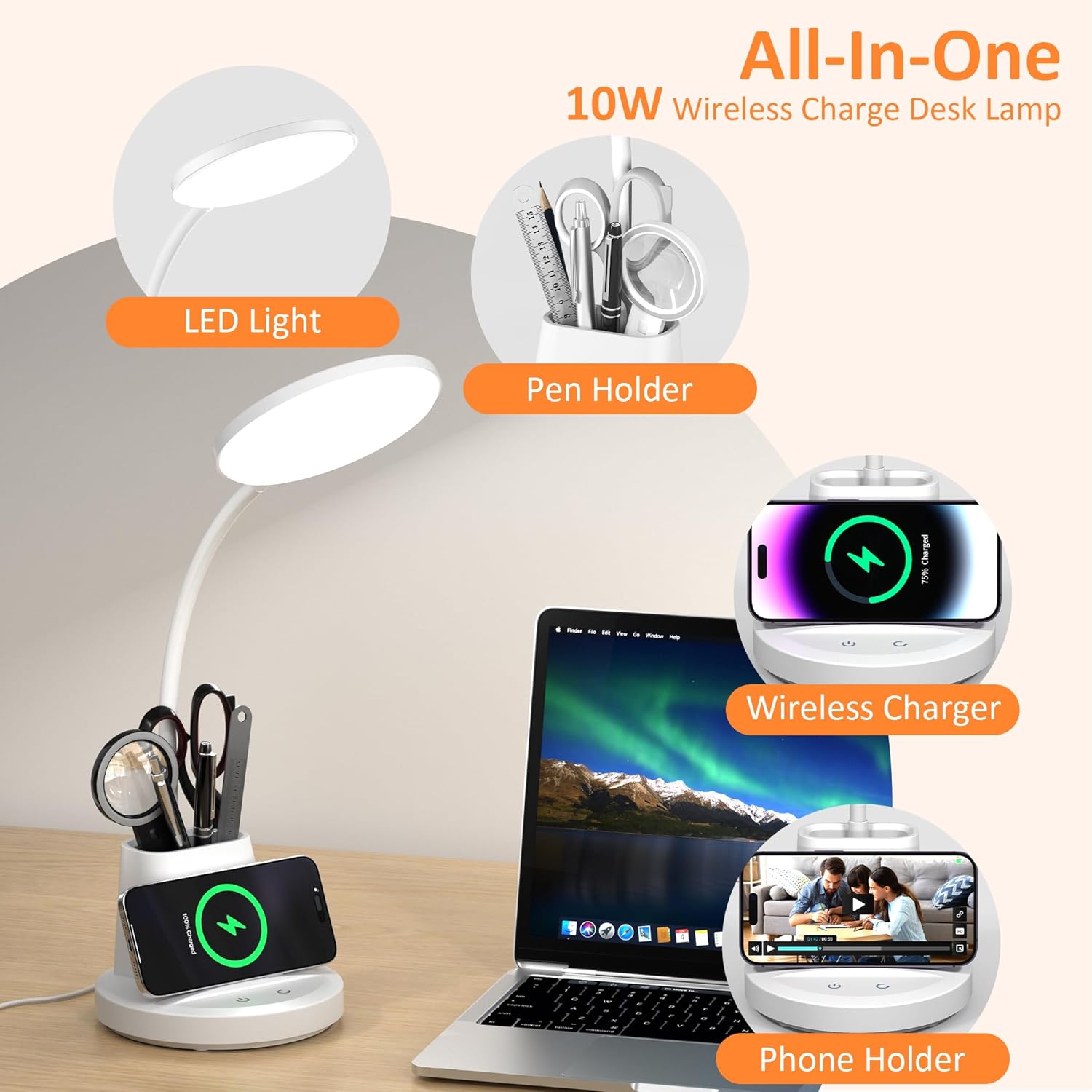 LED Desk Lamp with Wireless Charger for Home Office, White