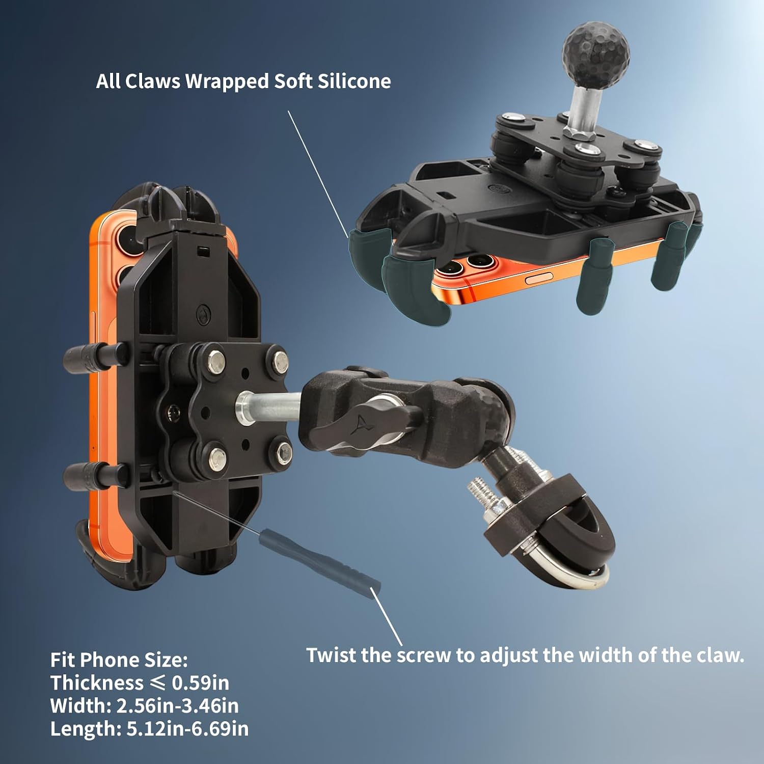 Motorcycle Phone Mount Holder, Motorcycle Cell Phone Holder with Vibration Dampener, 360° Rotate Adjustable Bike Phone Mount Handlebar Cellphone Holder for 5.2''-6.6'' Smartphones