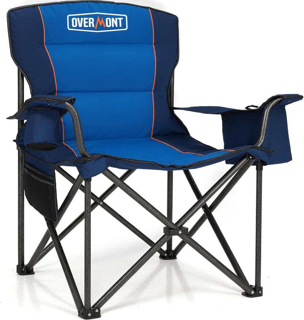 Overmont Oversized Folding Camping Chair - 450lbs Support with Padded Cushion Cooler Pockets - Heavy Duty Collapsible Chairs for Sports Garden Beach Fishing Blue