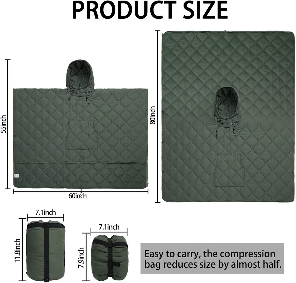 Poncho Liner Hoodie with Pocket Insulated Military Sleeping Bag Waterproof for Outdoor Camping Travel Survival Hunting Car Emergency