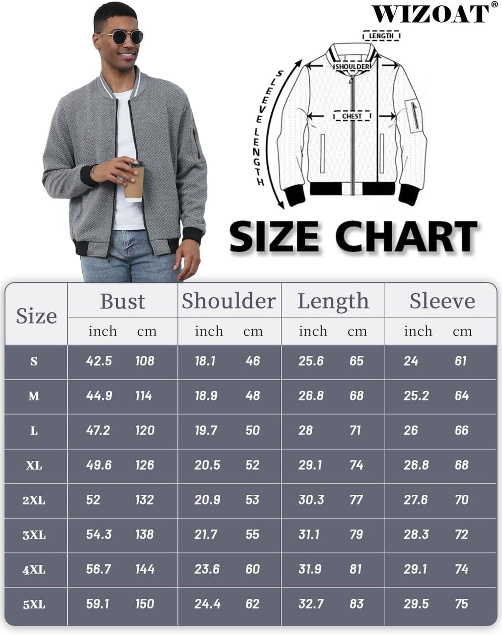 Wizoat Mens Casual Jacket Loose Fit Lightweight Jacket Varsity Bomber Jacket with Zipper
