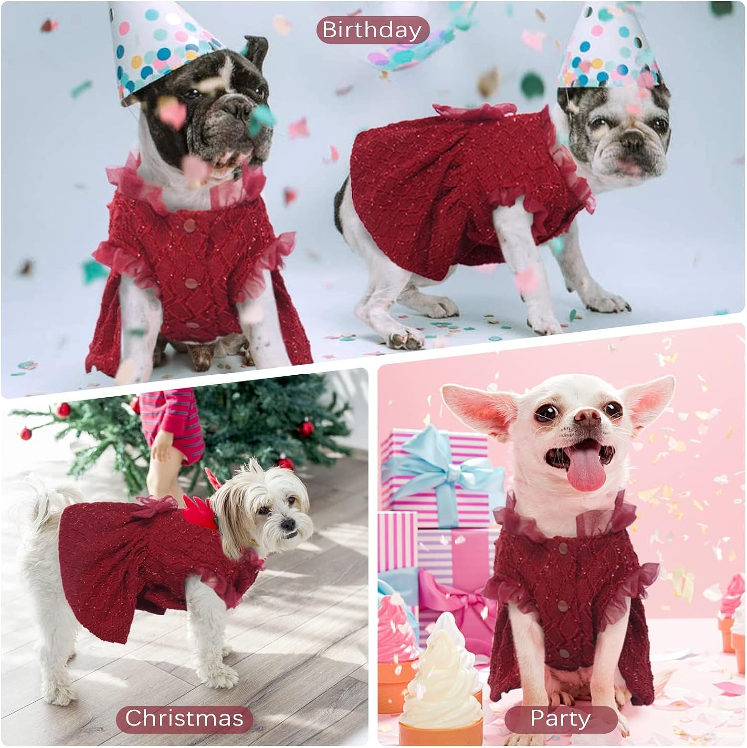 Kuoser Dog Dress, Princess Puppy Tutu with Bow-Knot, Red Dog Dresses XS