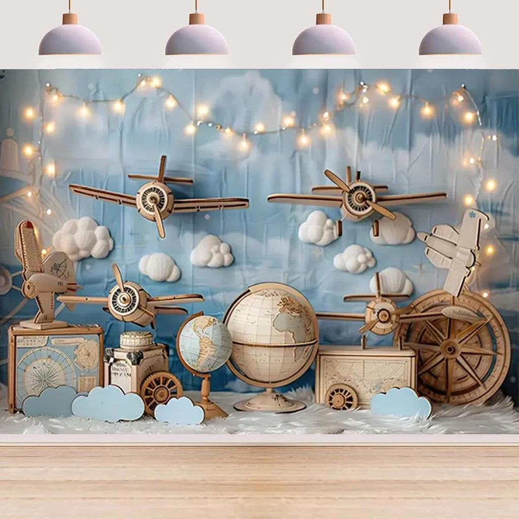 Vintage Airplane World Map Photography Backdrop Blue Sky Cloud Globe Compass Travel Adventure Background for Newborn Baby Boy Shower 1st Birthday Cake Smash Photo Studio Props (7X5FT)