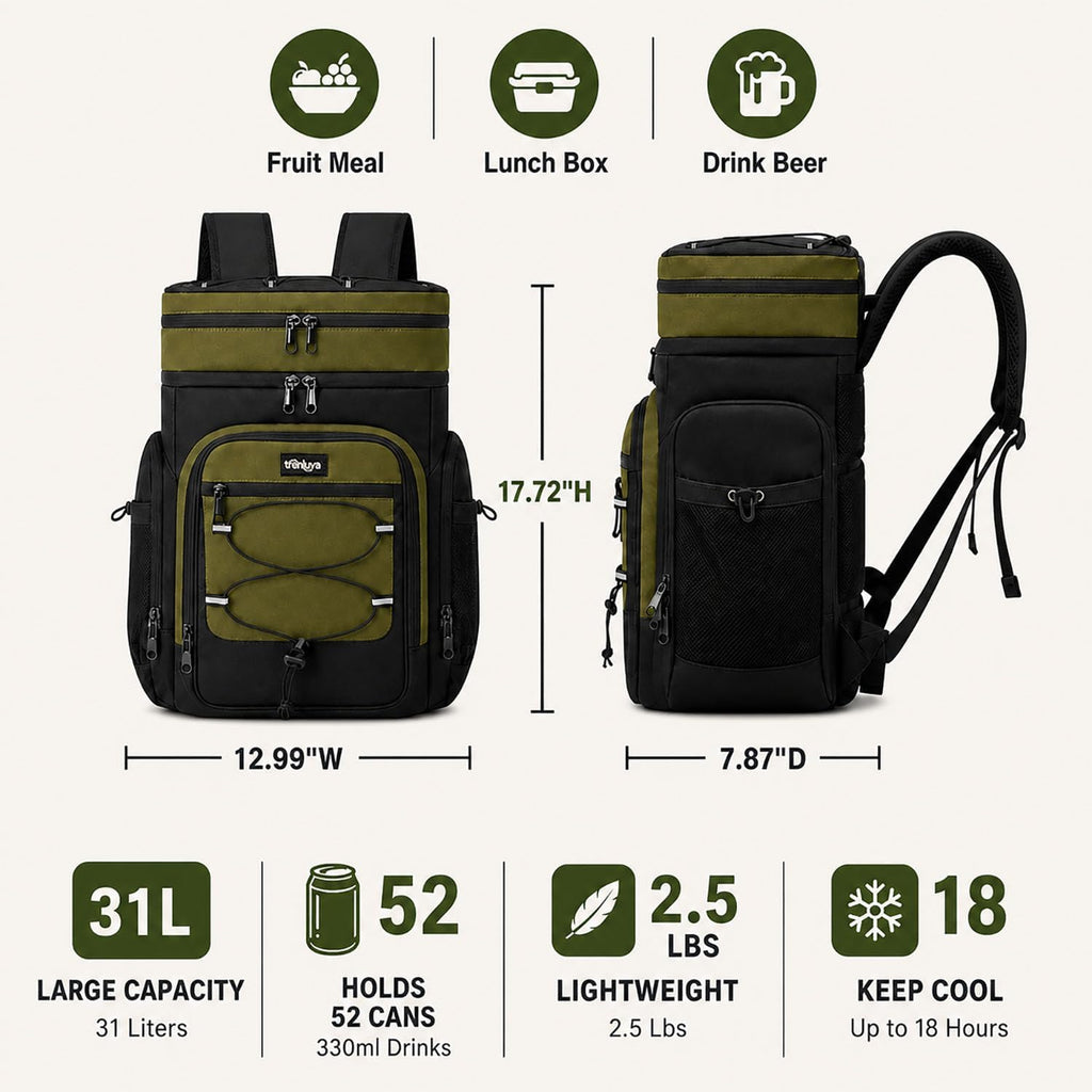 Cooler Backpack Insulated Leakproof, 52 Cans Soft Lunch Ice Bag