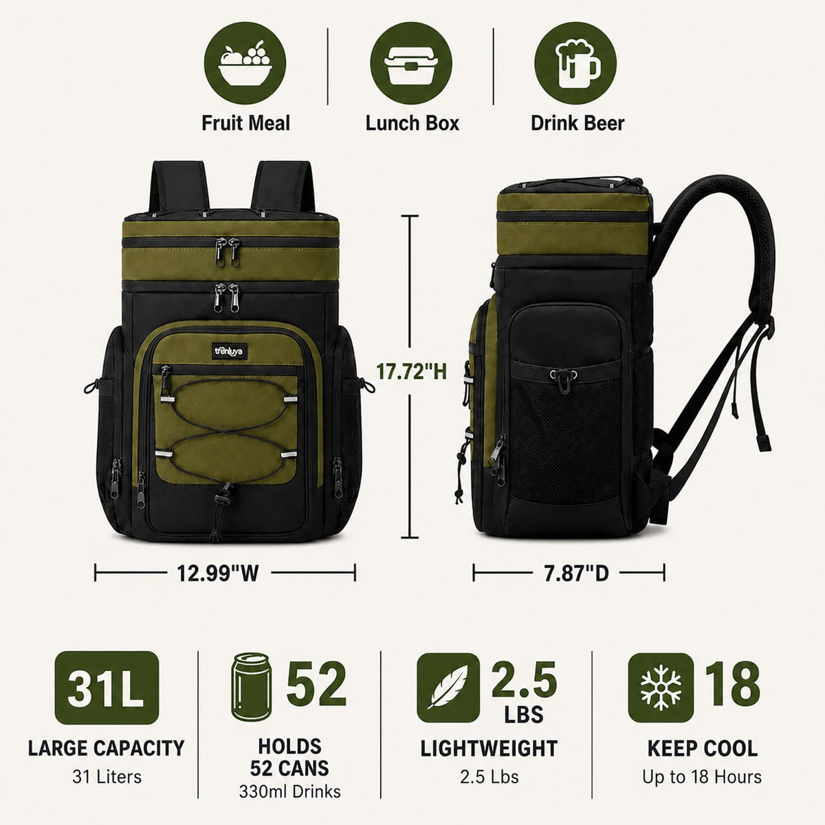 Cooler Backpack Insulated Leakproof, 52 Cans Soft Lunch Ice Bag