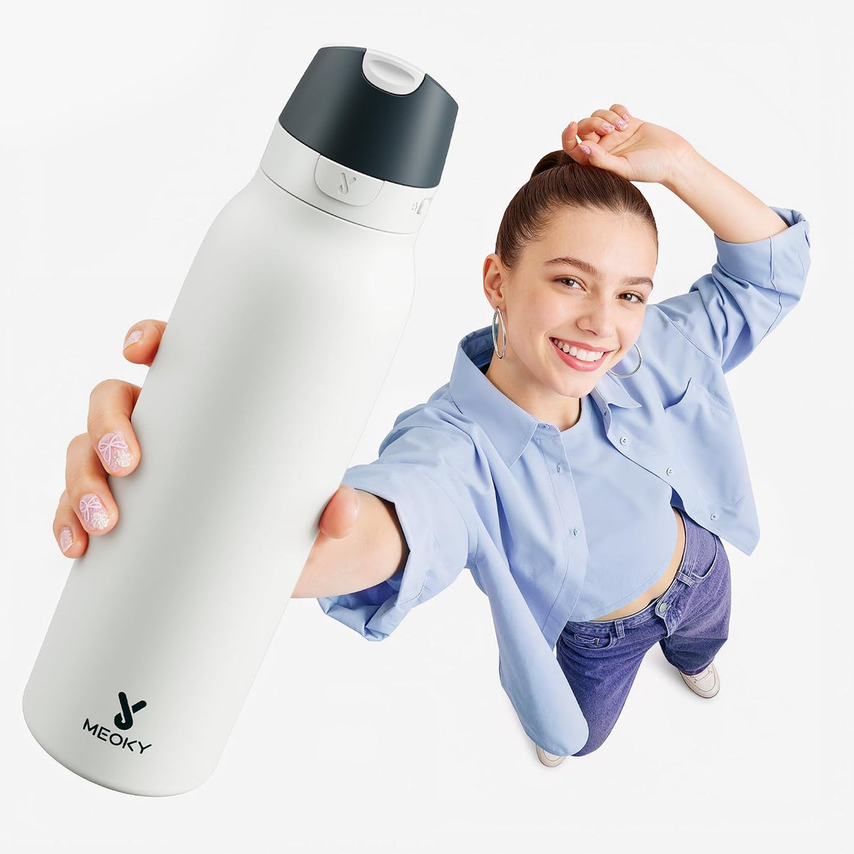 Meoky 24 oz Travel Water Bottle Stainless Steel: 2-in-1 Locking Lid, Frost