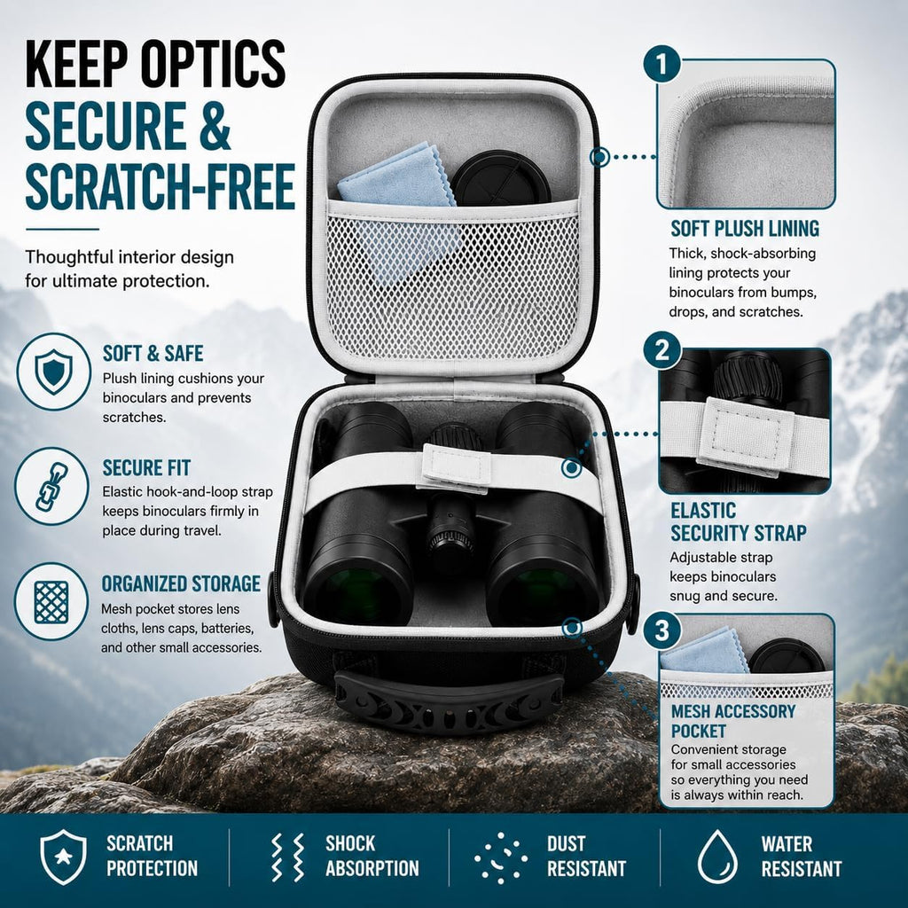 Binocular Case, Hard EVA Protective Storage Case with Water-Resistant Exterior, Carry Handle & Shoulder Strap, Fits Most Compact and Mid-Size Binoculars for Hiking, Hunting, Birdwatching & Travel
