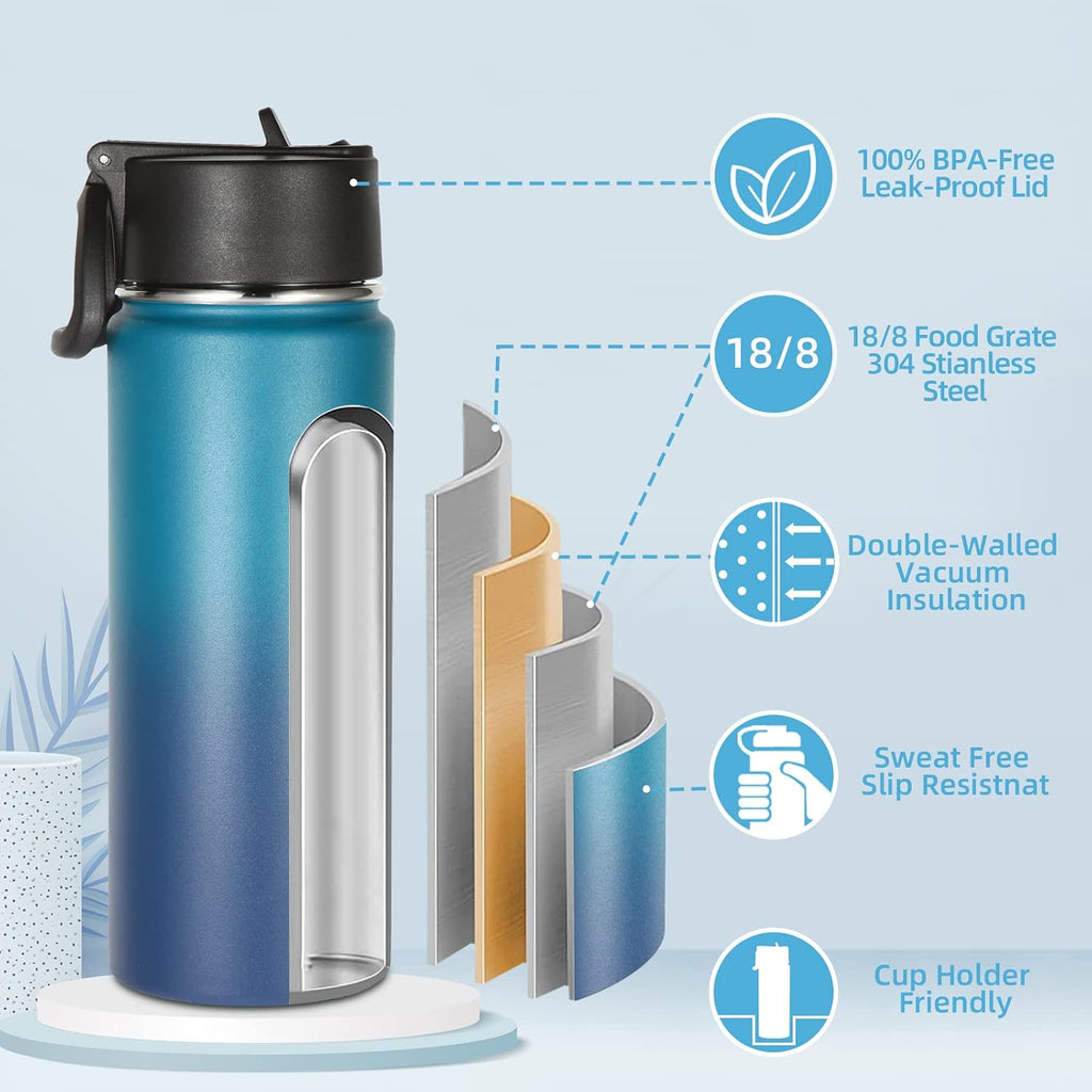 Volhoply 16 OZ Kids Water Bottle Bulk 8 Pack,Insulated Sports Bottles with Straw Lid,Stainless Steel Bottle with Handle Keep Cold & Hot,Double Wall Vacuum Tumbler Cups for School(Dark Night, 8)