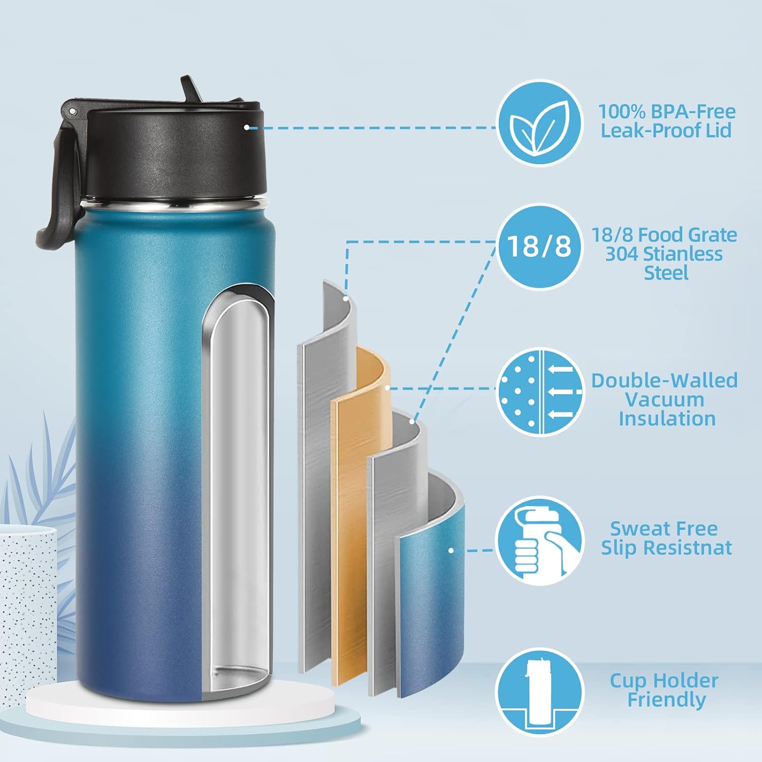 Volhoply 16 OZ Kids Water Bottle Bulk 8 Pack,Insulated Sports Bottles with Straw Lid,Stainless Steel Bottle with Handle Keep Cold & Hot,Double Wall Vacuum Tumbler Cups for School(Dark Night, 8)