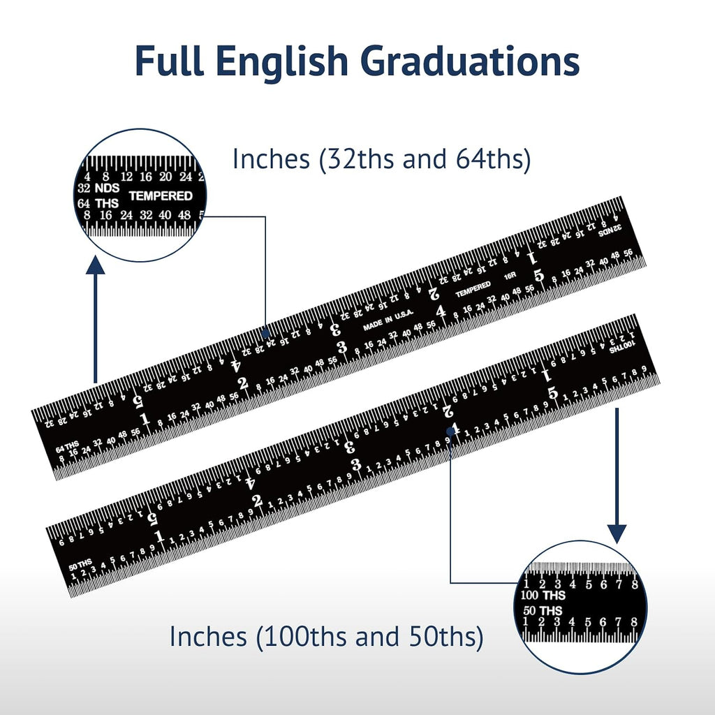 PEC Tools 6-inch Metal Ruler, Stainless Steel with Black Chrome Finish, 16R Graduation (1/32", 1/64", 1/50", 1/100") High-Precision, High Wear Resistance, High Contrast, Machinist Rule, Made in USA