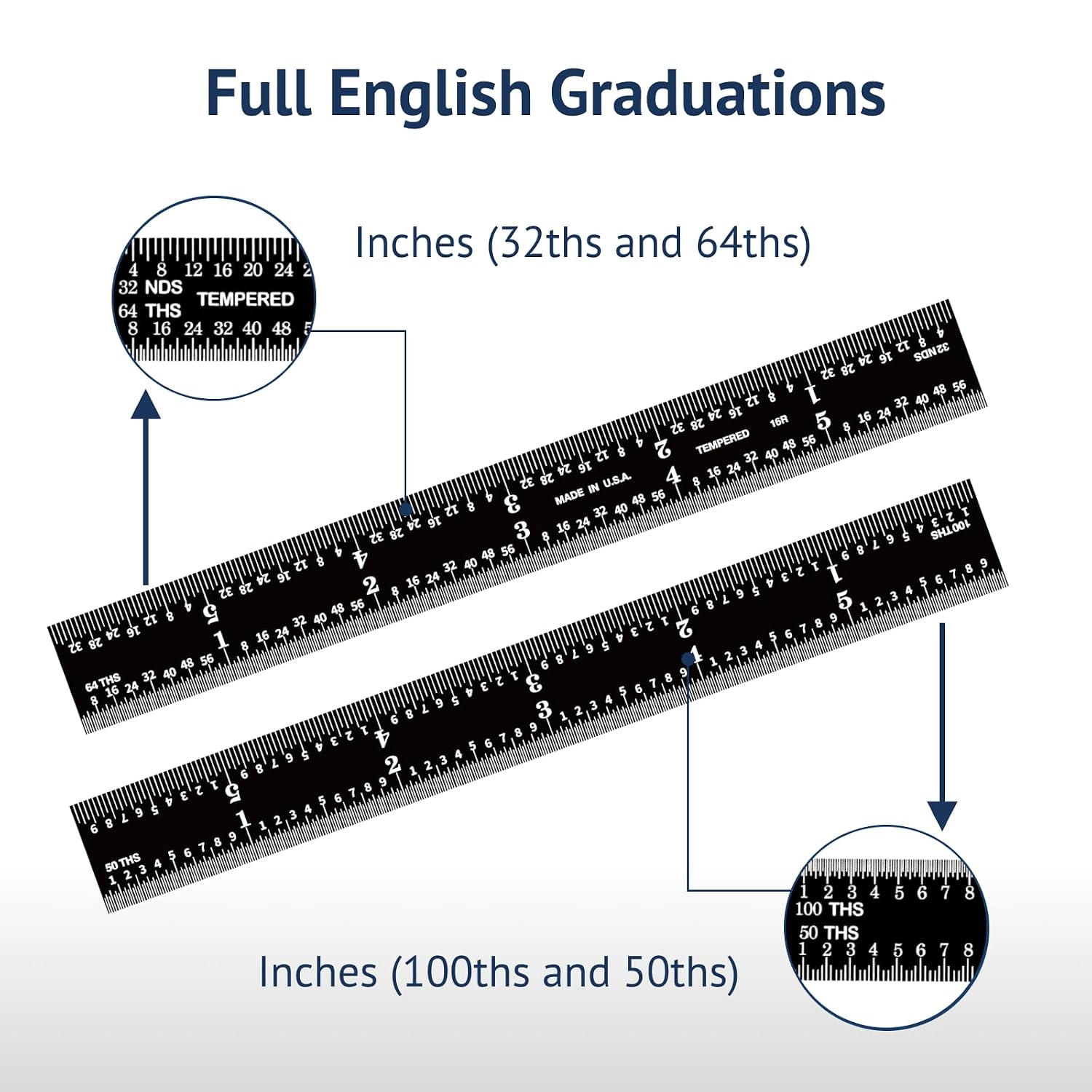 PEC Tools 6-inch Metal Ruler, Stainless Steel with Black Chrome Finish, 16R Graduation (1/32", 1/64", 1/50", 1/100") High-Precision, High Wear Resistance, High Contrast, Machinist Rule, Made in USA