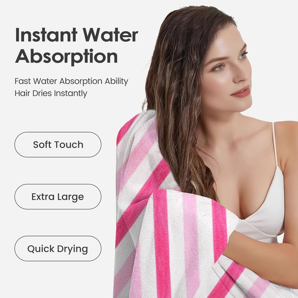 JML Microfiber Bath Towels, 2 Pack, 30" x 60", Cabana Stripe Pink