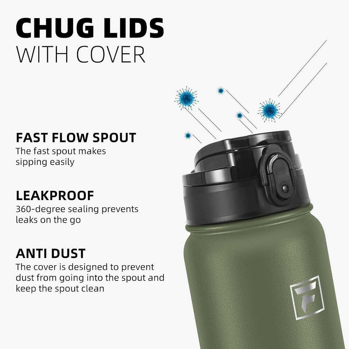 Fanhaw 20oz Insulated Water Bottle with Anti-dust Chug Lid, Olive Green