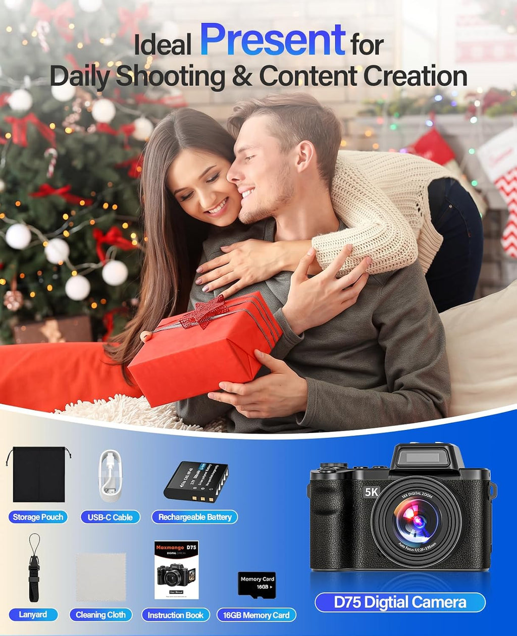 Maxmango D75 Digital Camera for Photography - 5K WiFi Vlogging Camera for YouTube 3" 180° Flip Screen 18X Digital Zoom Compact Travel Cameras with 16GB TF Card Black for Beginners