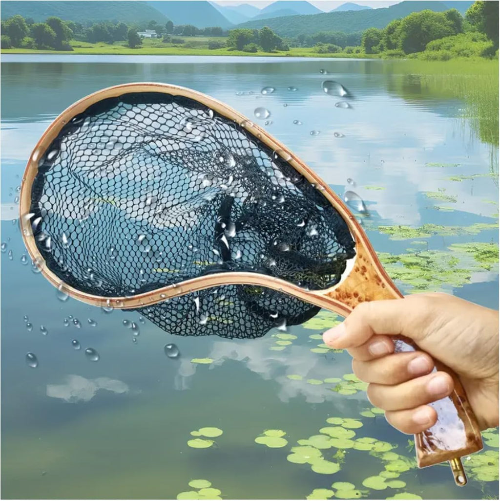 Aventik Fly Fishing Landing Net for Trout Soft Rubber Ghost Mesh Catch and Release Wooden Frame Lightweight and Tangle-Free
