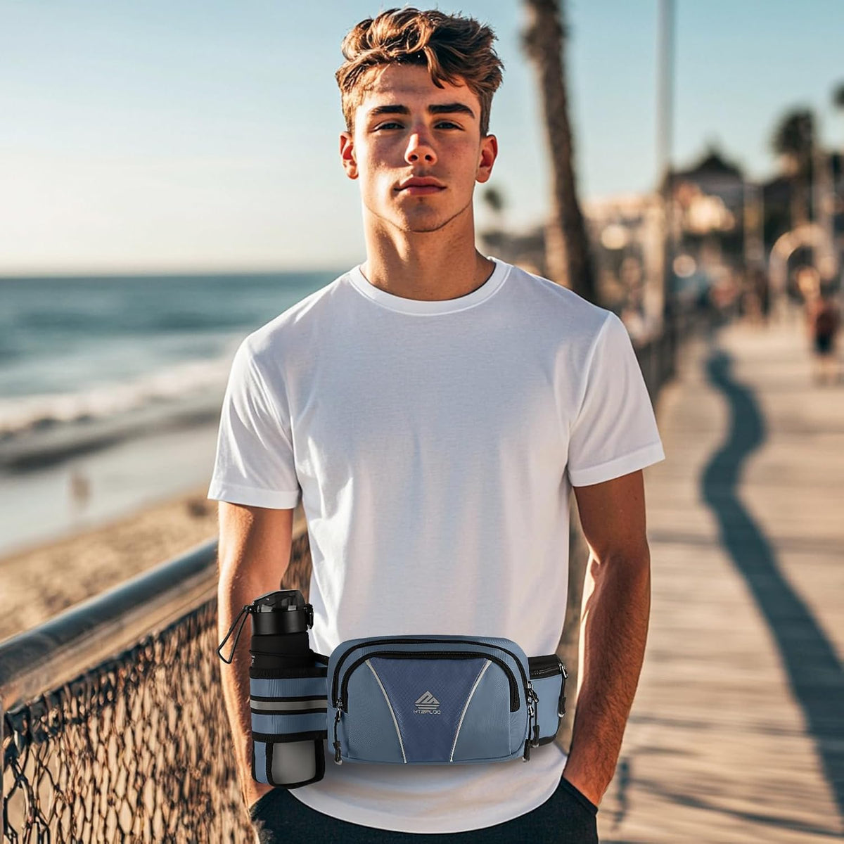 Fanny Pack for Men Women Waist Bag with Water Bottle Holder for Hiking, Travel,Dog Walking, Workout (Dark Blue)
