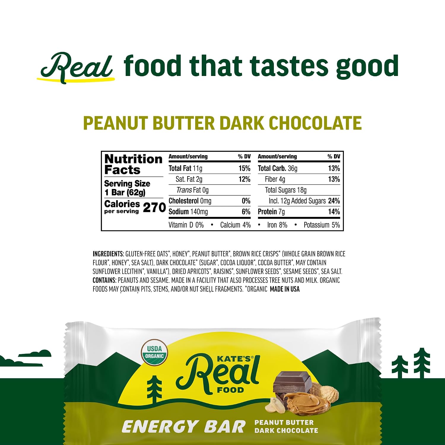 Kate's Real Food Organic Energy Bars Peanut Butter Dark Choc (Pack of 12)