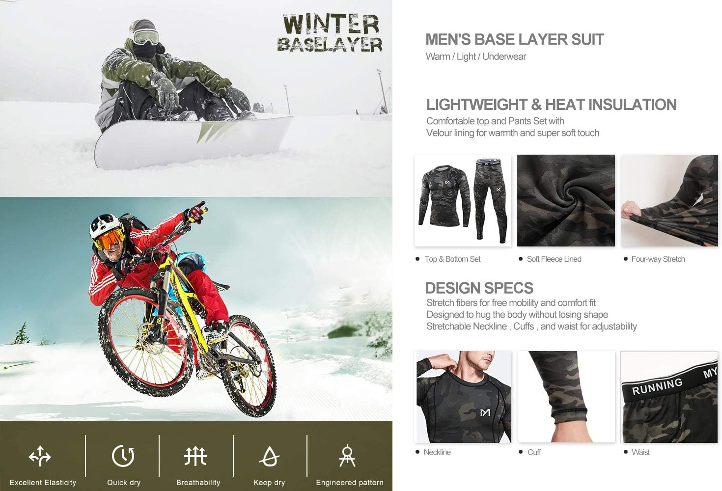 MEETYOO Thermal Underwear for Men, Winter Gear Long Johns Base Layer Top and Bottom Set for Skiing Running