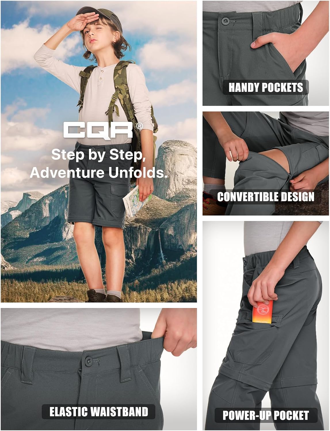 CQR Kids Youth Hiking Cargo Pants, UPF 50+ Quick Dry Convertible Zip Off Pants, Outdoor Camping Pants