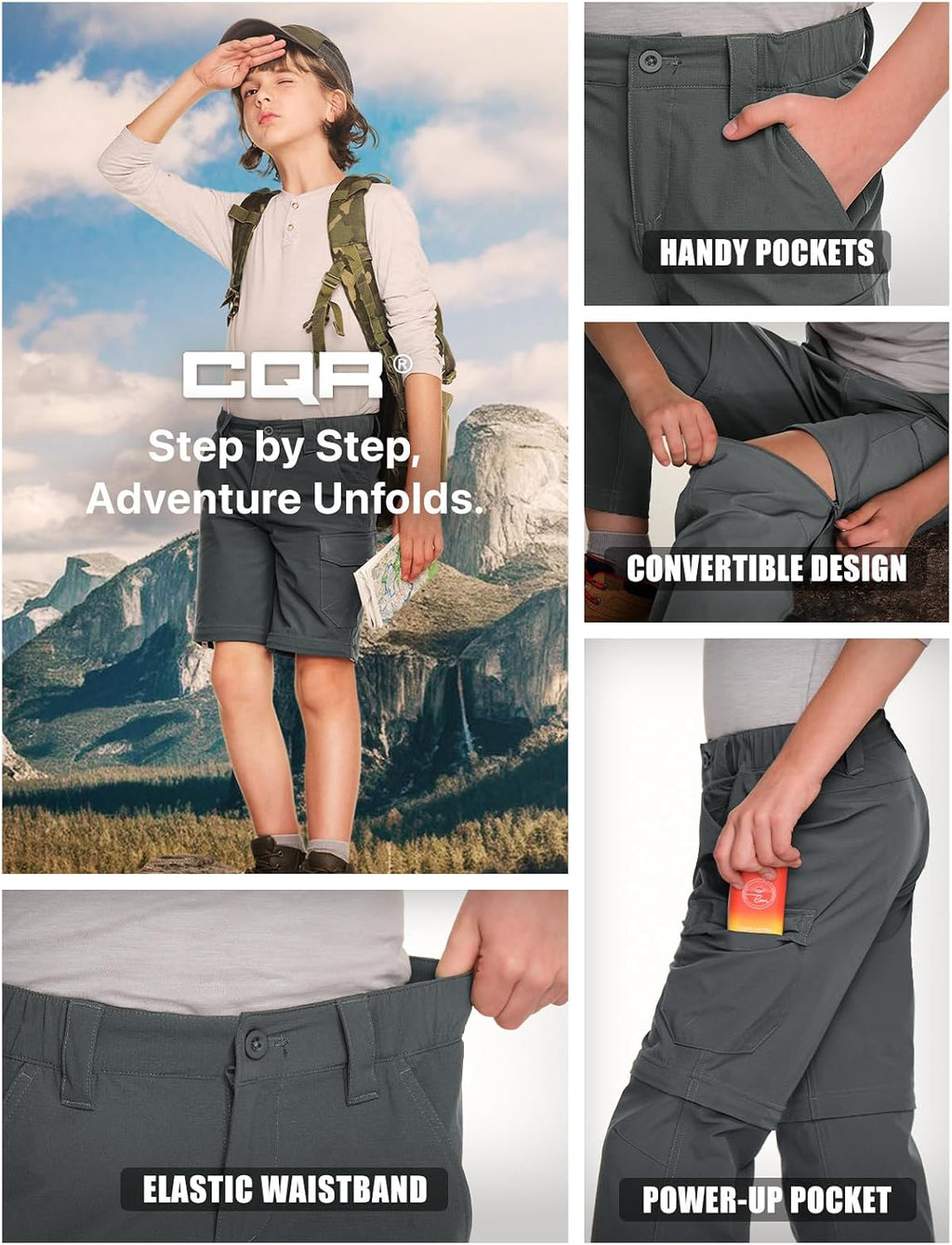 CQR Kids Youth Hiking Cargo Pants, UPF 50+ Quick Dry Convertible Zip Off Pants, Outdoor Camping Pants