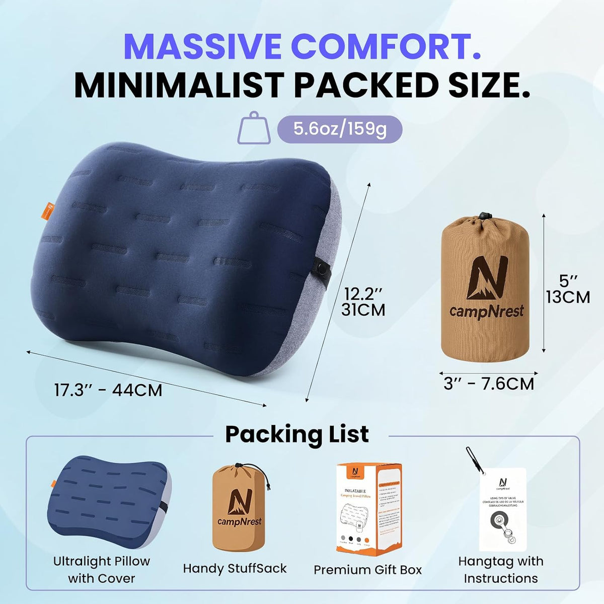 Inflatable Camping Pillow - Ultralight Compact Air Pillow for Travel, Backpacking & Hiking - Ergonomic Neck & Lumbar Support - Portable Inflatable Pillow with Removable Washable Cover - (Navy Blue)