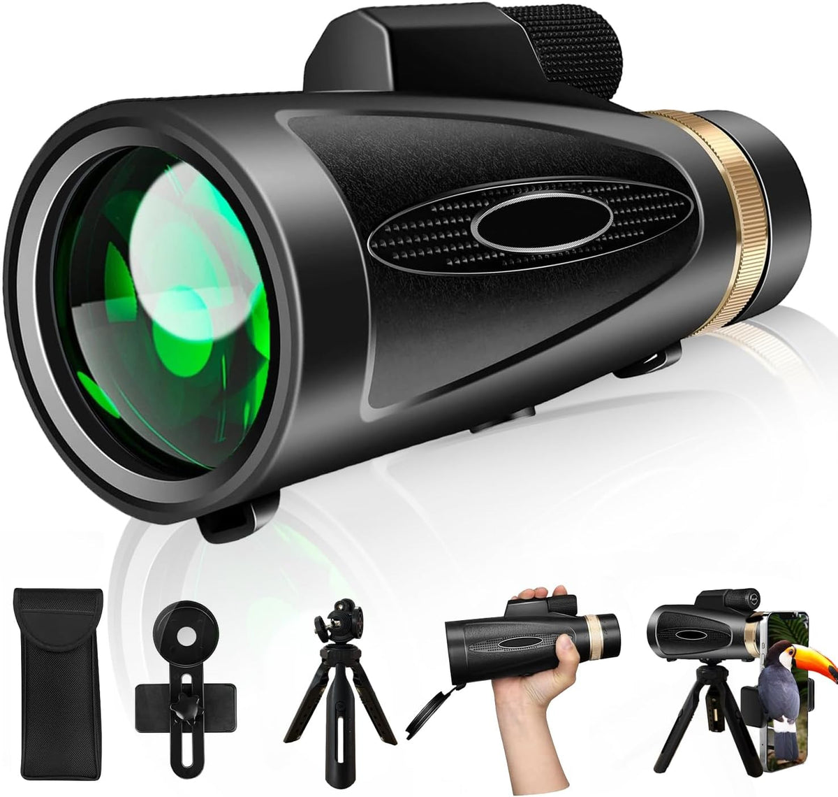 Monocular Telescope 12X60 HD High Power with Smartphone Adapter Tripod Larger Vision Monoculars for Adults with BAK4 Prism & FMC Lens Suitable for Bird Watching Hiking Camping Wildlife-Green