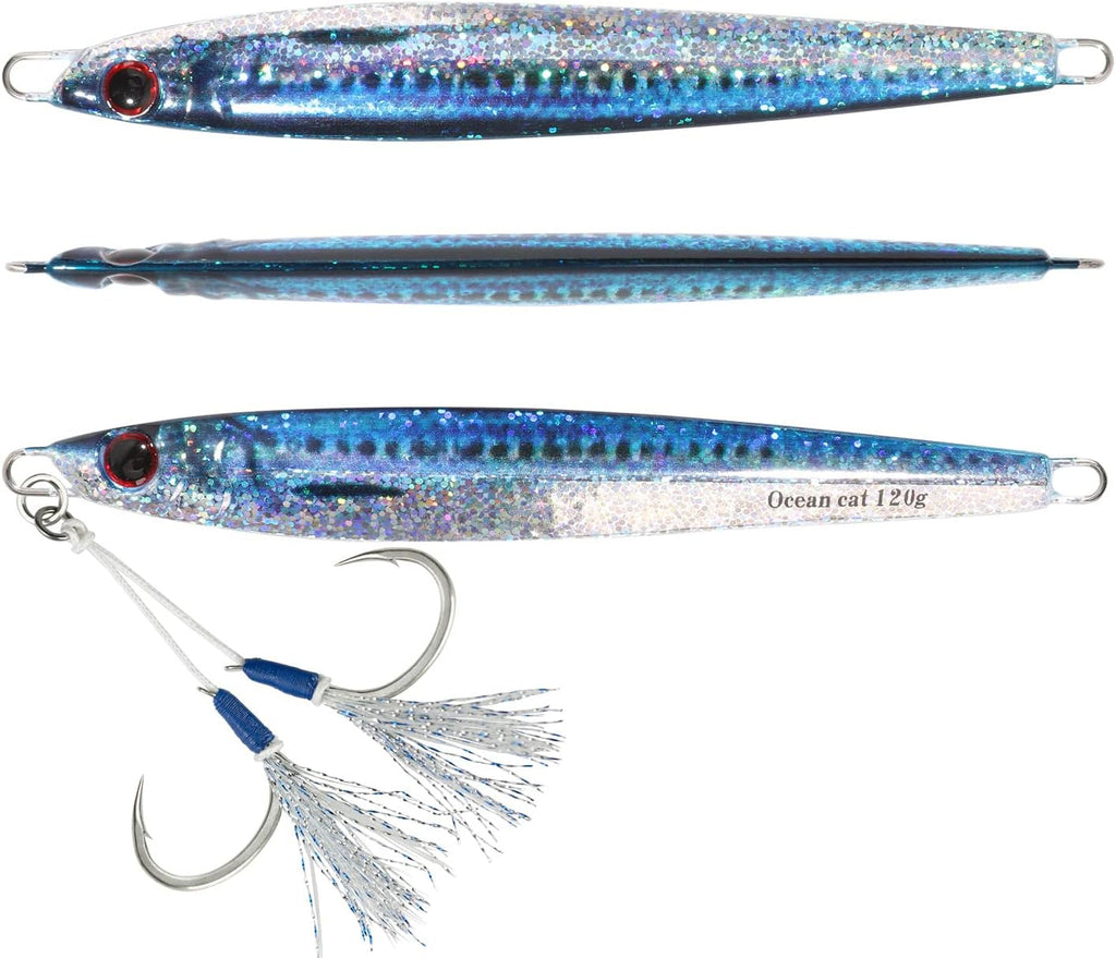 OCEAN CAT 1 PC Slow Fall Pitch Fishing Lures Sinking Lead Metal Flat Jigs Jigging Baits with Hook for Saltwater Fishing 4 Colors 160G/200G
