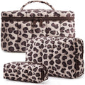 BAGSMART Travel Makeup Bag Set, 3 Pc Puffy Cosmetic Pouch, Leopard Print