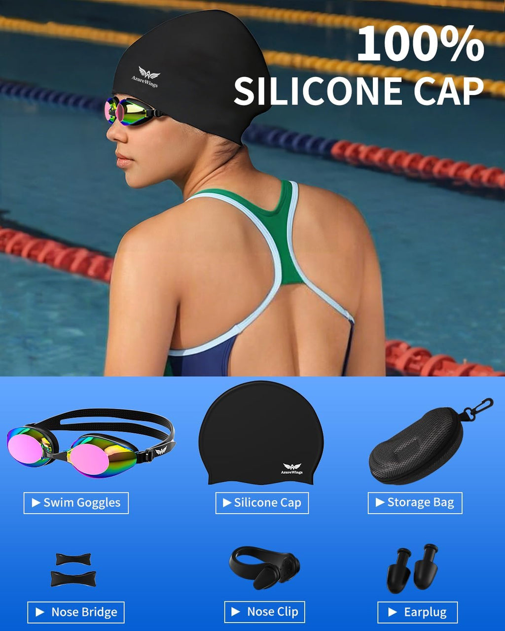 Swim Goggles and Swim Cap Set for Adults, Anti-Fog Leakproof UV Protection Swimming Goggles with Silicone Cap