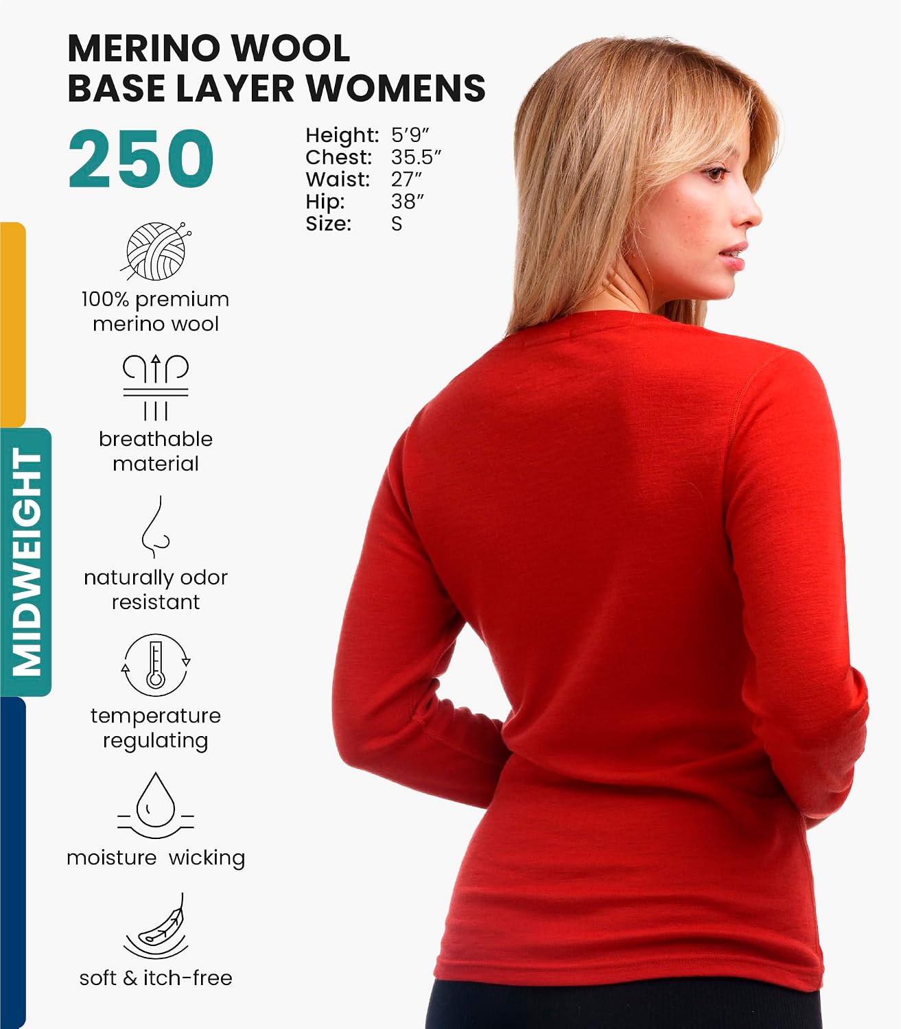 100% Merino Wool Base Layer Women - Long Sleeve Thermal Shirt with Socks
