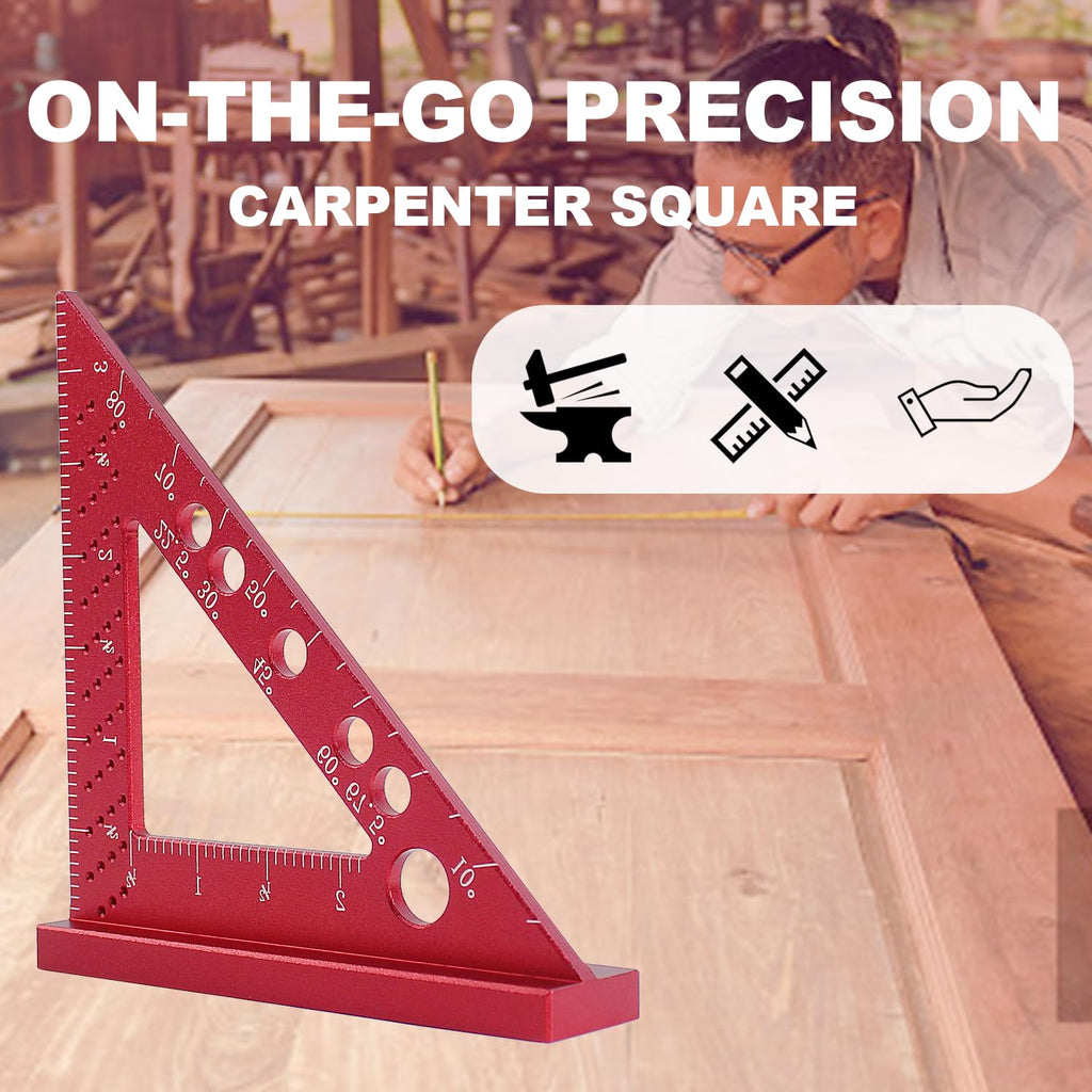 Carpenter Square, Small Triangle Square, 90 Degree Small Square Ruler, Woodworking Measuring Tool with Fixed Miter Angle Pin (Red)