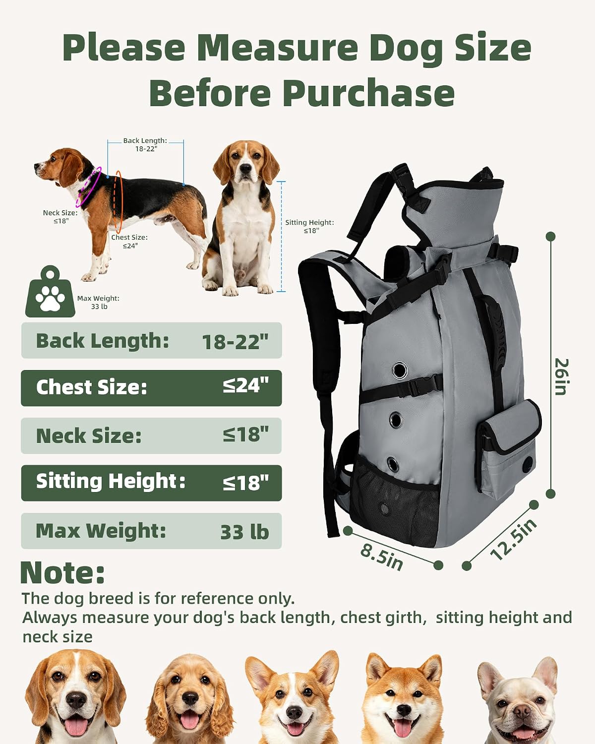 Breathable Dog Hiking Backpack Carrier for Medium Dogs, Grey