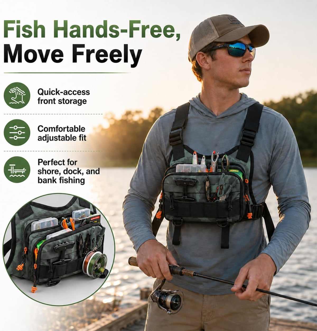 All in One Fishing Chest Pack Tackle Bag with Tackle Box, Fishing Lures Kit