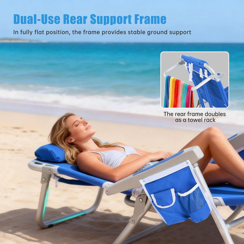 SUNNYFEEL Low Beach Chair, 5-Position Lay Flat Reclining Backpack Chair with Cooler Bag & Cup Holder, Portable Folding Beach Chair for Adults, Heavy Duty 350 LBS, Blue