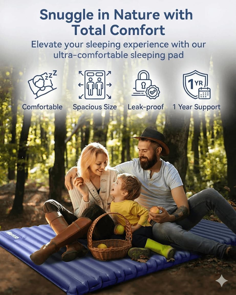 Hikenture Double Sleeping Pad for Camping, Ultralight 4" Extra-Thick Camping Mattress 2 Person, Inflatable Backpacking Sleeping Mat, Hiking Air Mattress for Tent (Navy Pumpsack 79x55in)