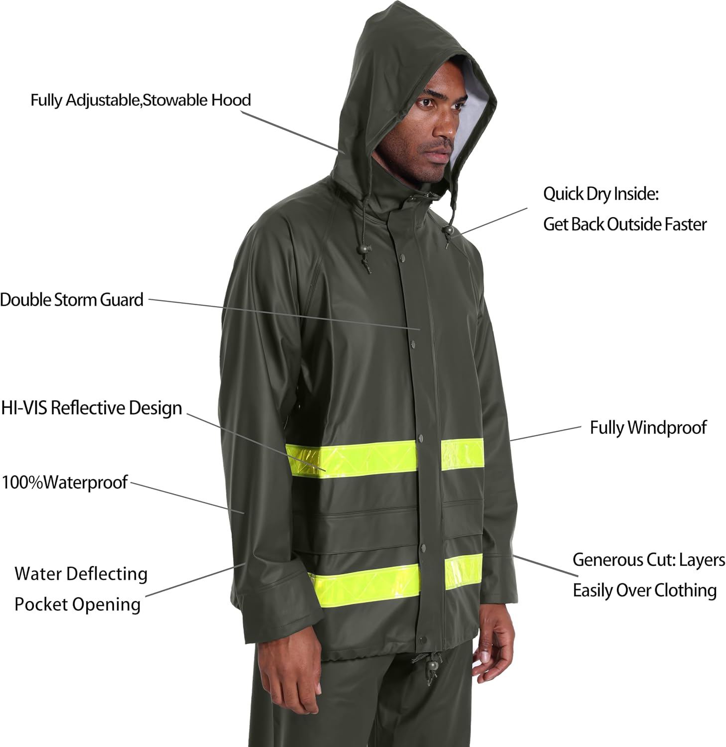 Men's Hi-Vis Waterproof Rain Jacket, Reflective Work Coat