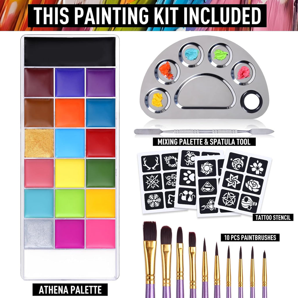 UCANBE Athena Face Body Paint Oil Makeup Set, 20 Colors FX Halloween Party Painting with Stainless Steel Mixing Palette and Spatula Tool,10 pcs Artist Paintbrushes,Tattoo Stencil Arts Crafts kit
