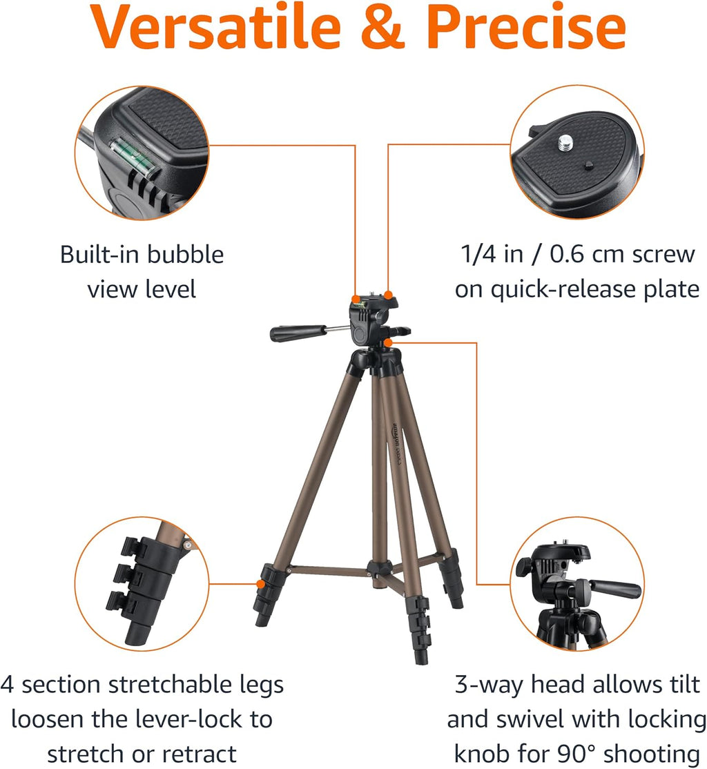 Amazon Basics 50-inch Lightweight Portable Camera Tripod Stand with Quick-Release Plate, Adjustable Height, Aluminum, for Travel Photography, Champagne