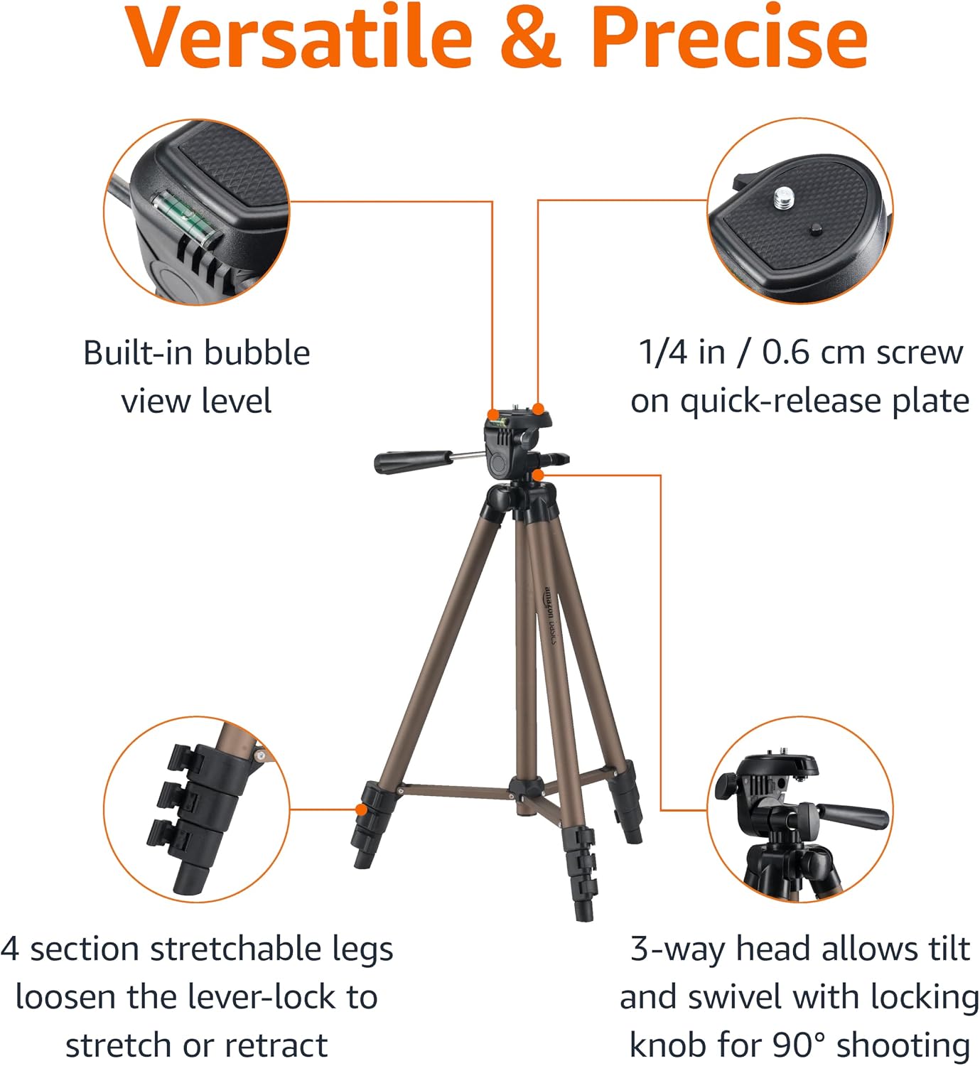 Amazon Basics 50-inch Lightweight Portable Camera Tripod Stand with Quick-Release Plate, Adjustable Height, Aluminum, for Travel Photography, Champagne