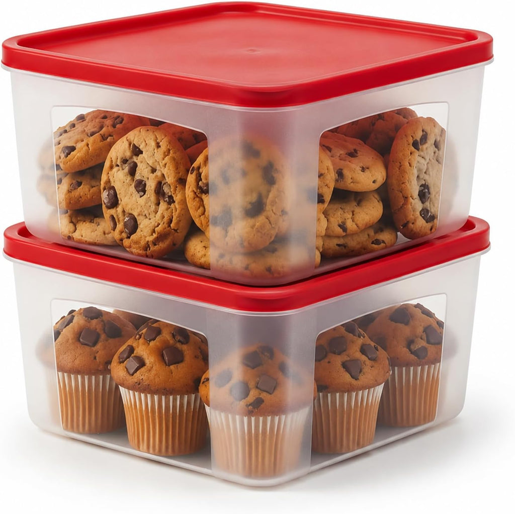 Cookie Storage Containers Airtight - 3-Pack 3.7L Square Plastic Containers With Lids for Baked Goods, Cupcake Storage & Meal Prep - BPA Free, Airtight Flat Reusable Muffin Storage Container