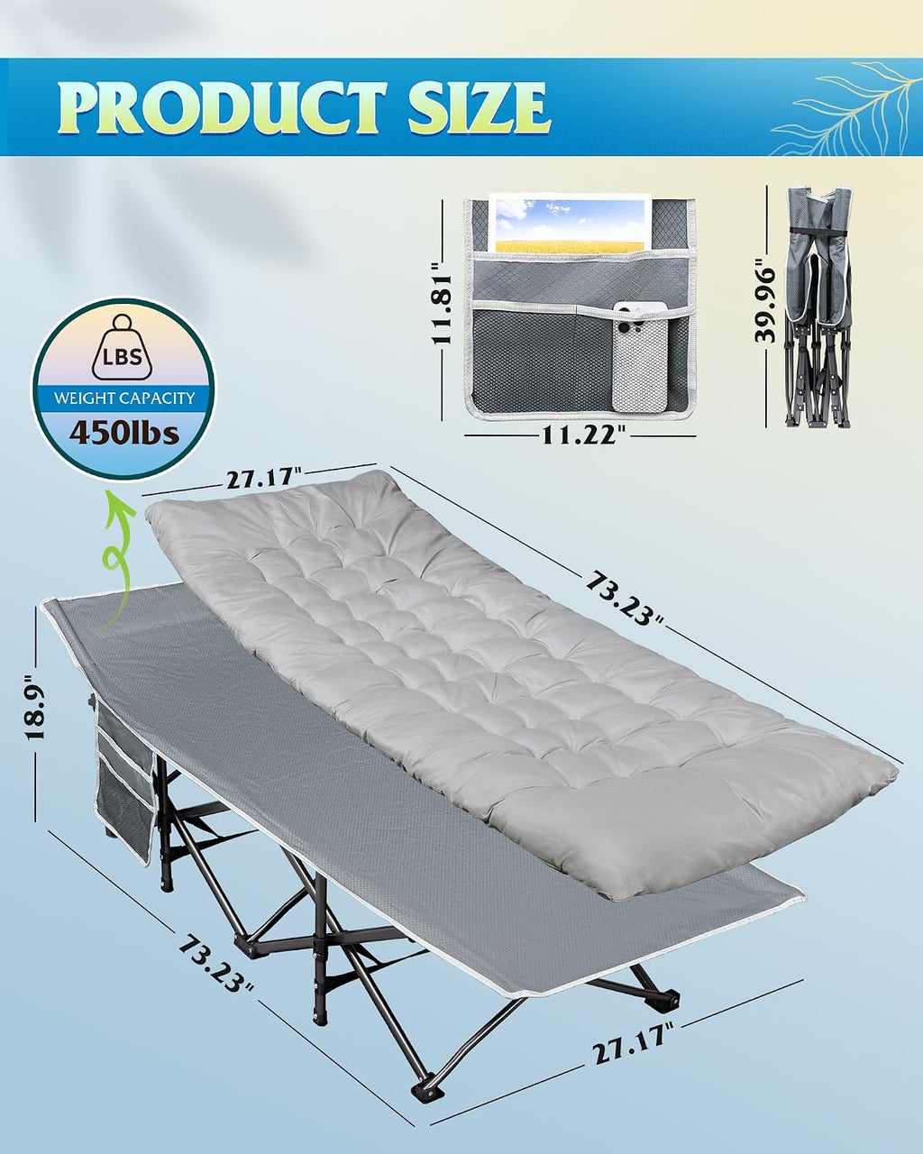 WLIVE 1200D Oxford Camping Cot with Washable Mattress for Adults, Greige