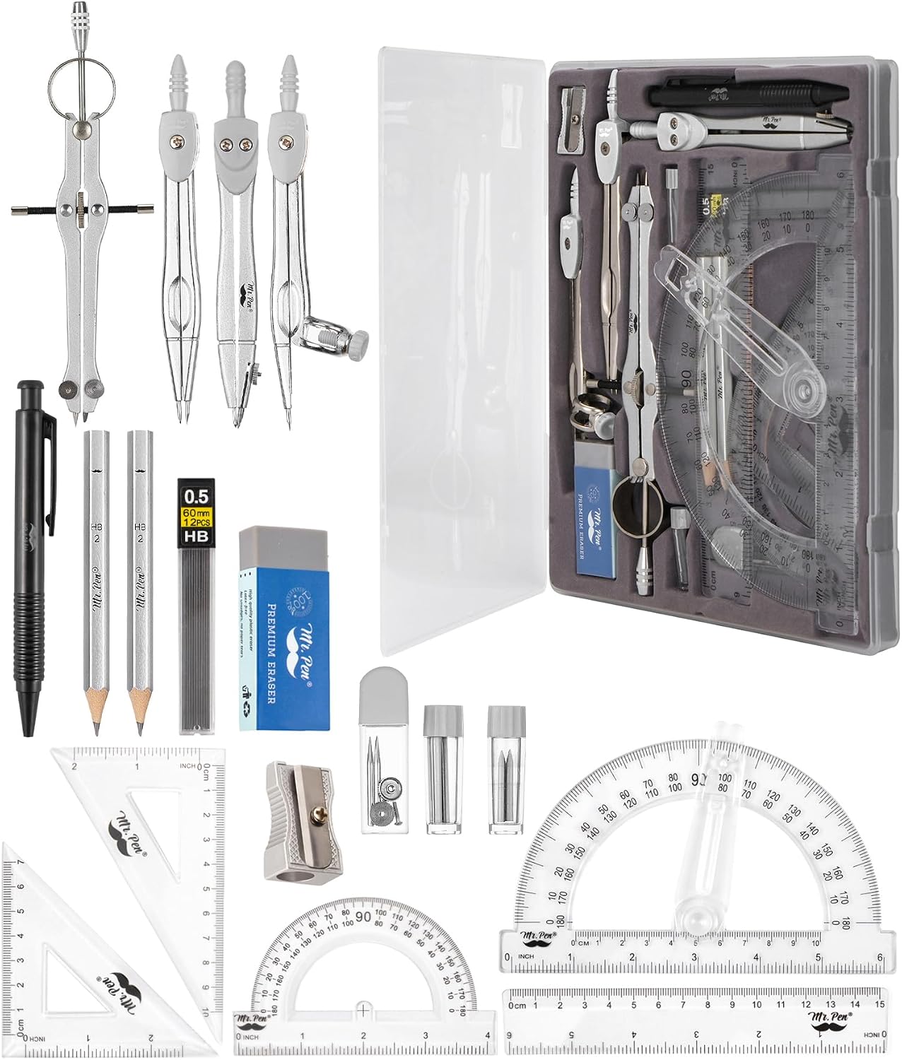 Mr. Pen- Geometry Set, 15 pcs, Light Grey, 6 Inch Swing Arm Protractor