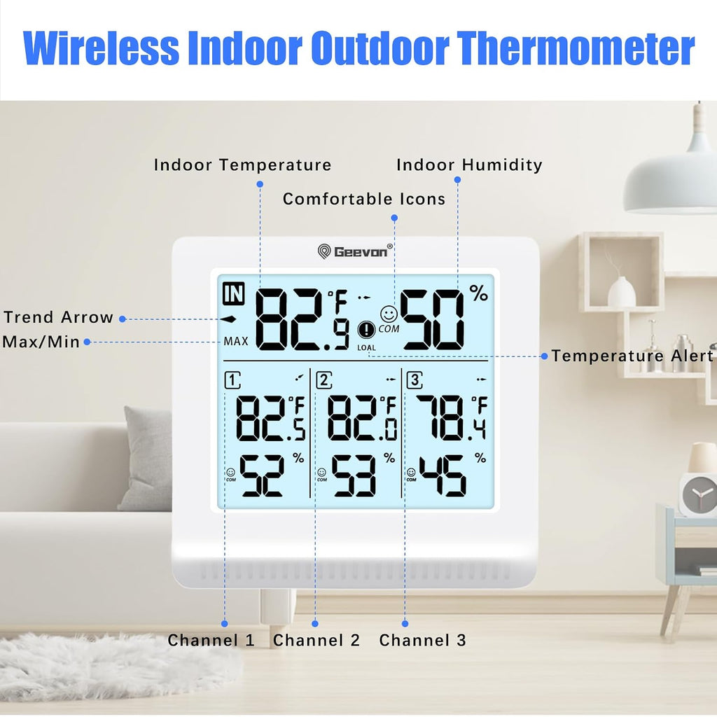 Geevon Indoor Outdoor Thermometer Wireless with 3 Remote Sensors, Digital Hygrometer Thermometer, Temperature Gauge Humidity Monitor with Backlight, 200FT/60M Transmission Range
