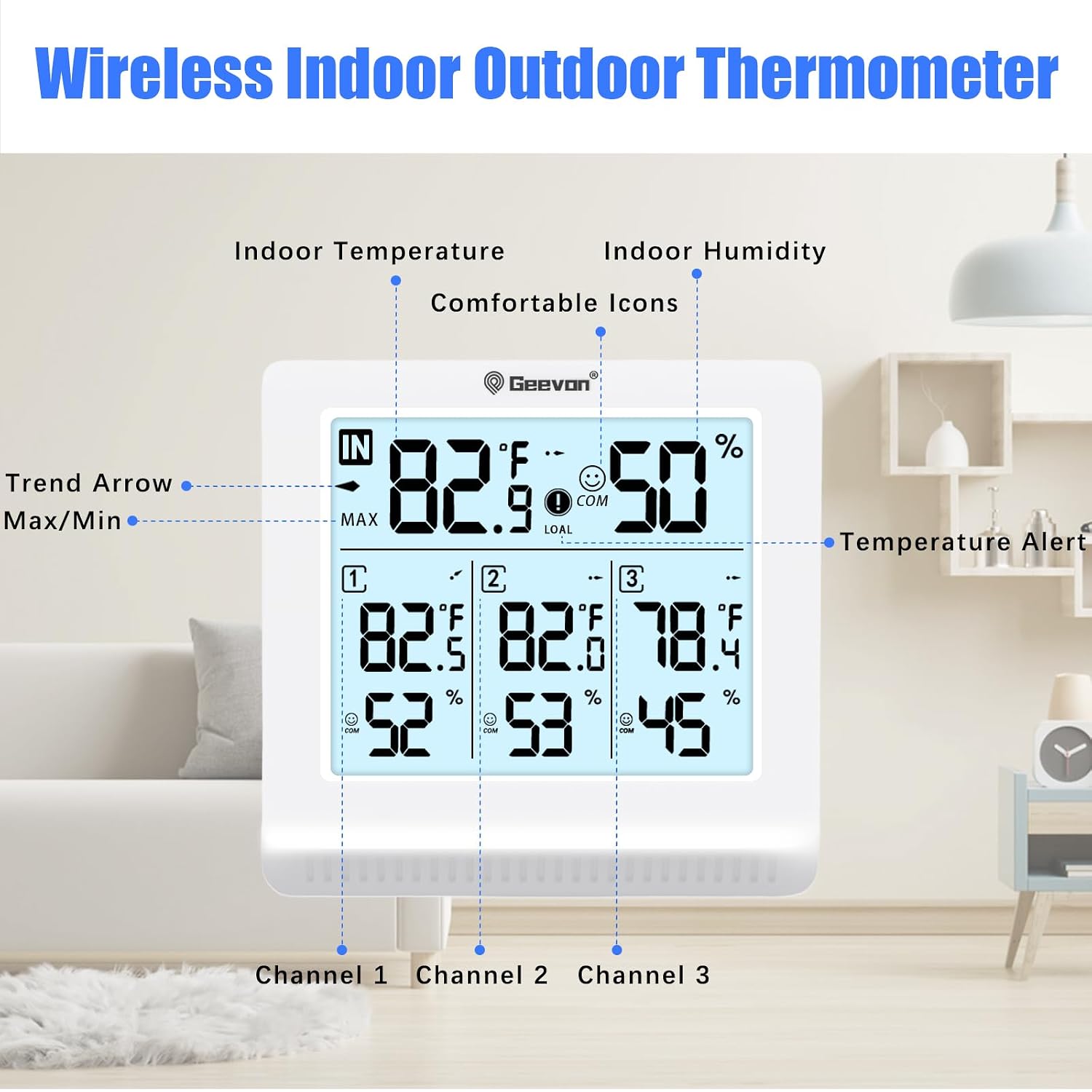 Geevon Indoor Outdoor Thermometer Wireless with 3 Remote Sensors, Digital Hygrometer Thermometer, Temperature Gauge Humidity Monitor with Backlight, 200FT/60M Transmission Range