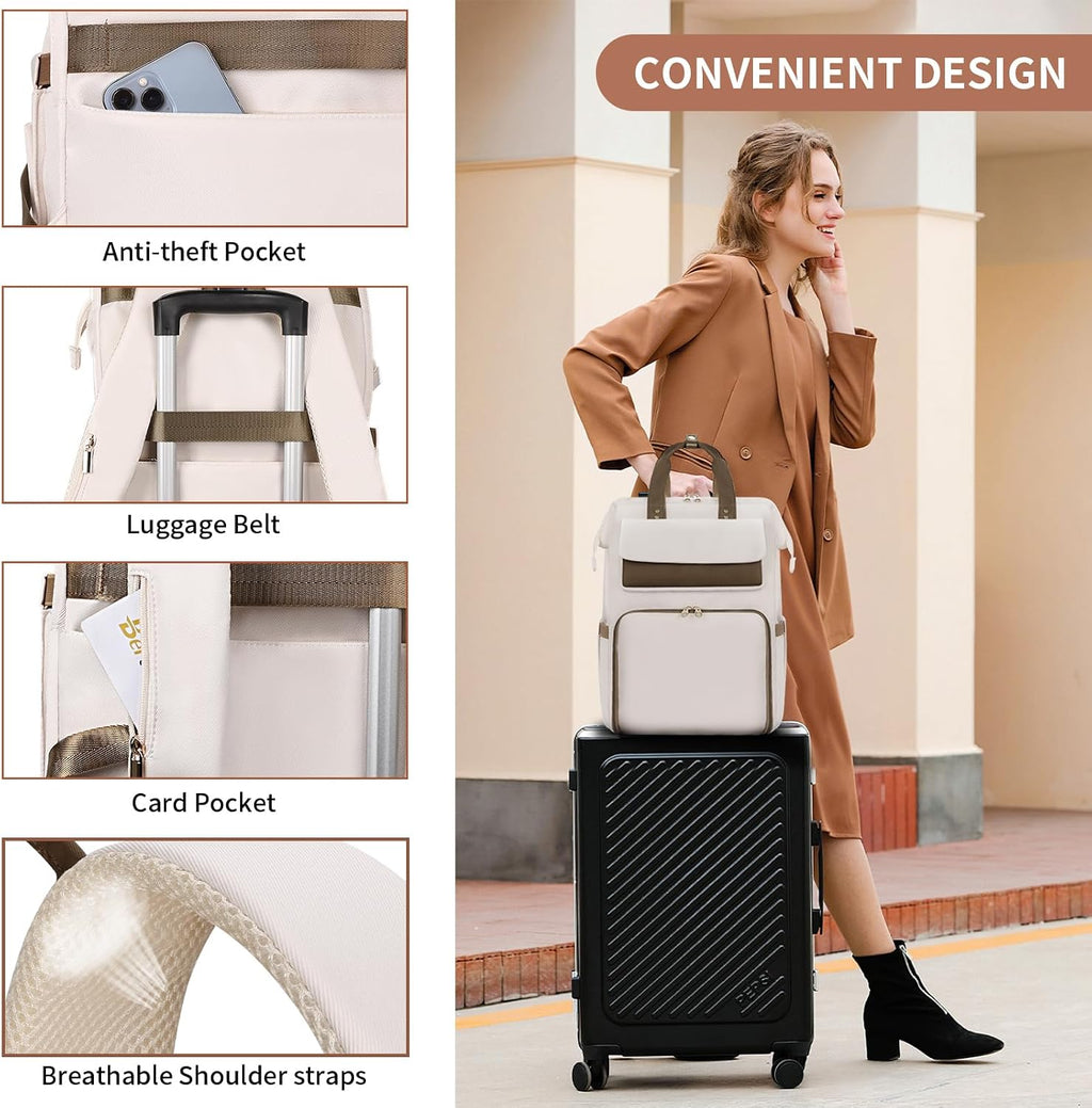 BERTASCHE Lunch Backpack for Women, 15.6 Inch Laptop Backpack with Insulated Cooler Lunch box, Nurse Backpack for Teacher Work Travel College Picnic, Beige