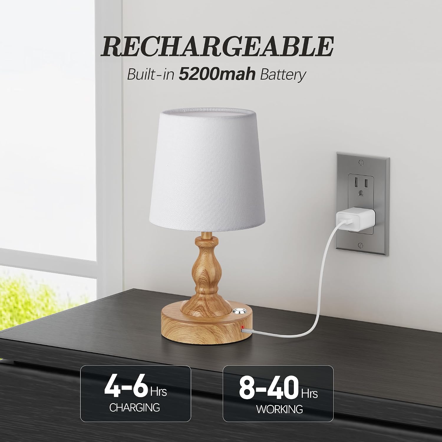 PARTPHONER Mini Cordless LED Table Lamp, 5200mAh Rechargeable Battery Operated Lamp, 3-Level Brightness, Touch Dimmable Desk Lamp, Bedside Night Light for Patio Camping Restaurant Home, Wood Grain
